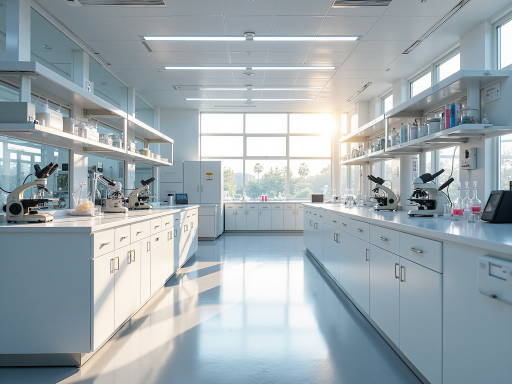 现代化营养品实验室内部，科研人员操作设备，白色背景，明亮自然光